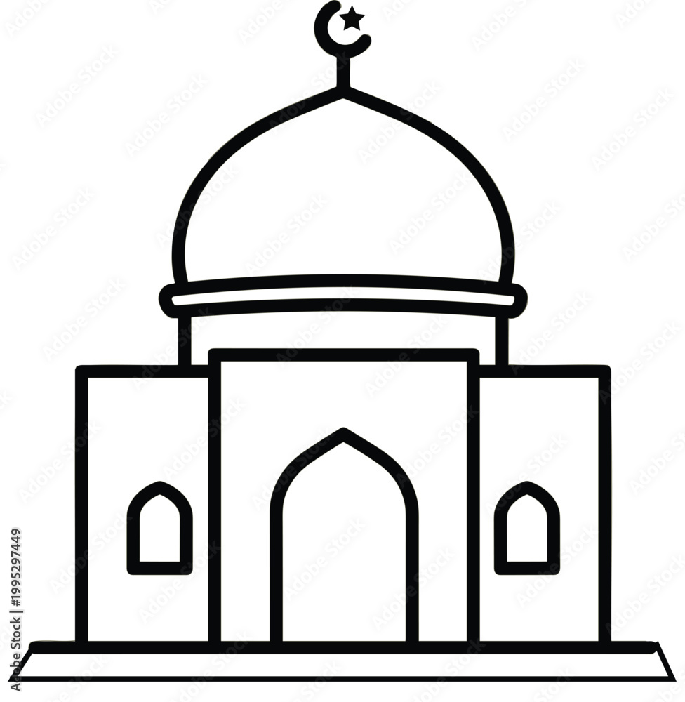 Fototapeta premium Minimalist black and white outline vector illustration of a mosque with dome and crescent moon symbol, Islamic religious architecture icon isolated on white background.