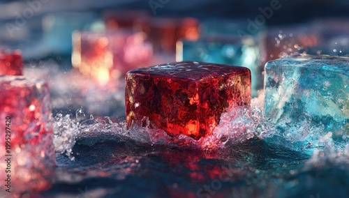 Translucent colored cubes splash in water