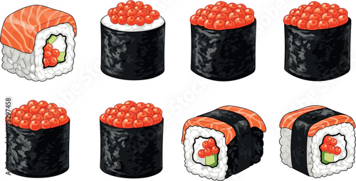 Japanese sushi rolls set with salmon and red caviar toppings isolated on light background traditional food vector illustration collection