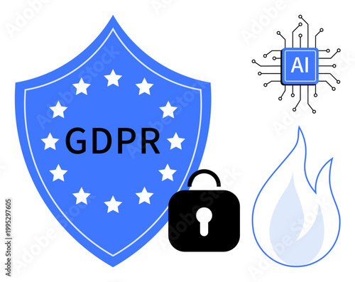 Data privacy, information security, artificial intelligence, regulatory compliance, digital safety, encryption. A GDPR shield, AI chip lock and flame illustration. Data privacy and information