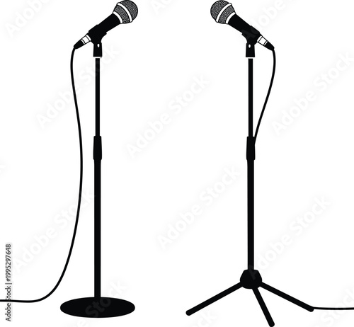Professional vocal microphone silhouette set with adjustable floor stands and cables, ideal for live music performance, stage concerts, podcasting, and studio broadcasting isolated on white.