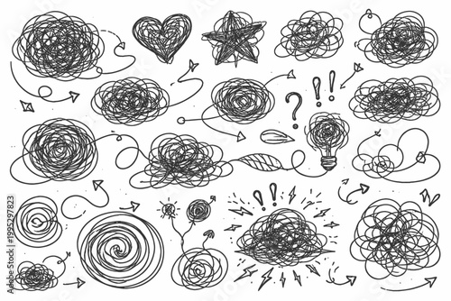 Chaos lines doodle set. Hand drawn tangled clew. Insane scribble lines. confused doodle scribbles.