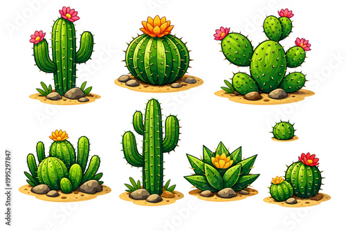 Set of simple types cacti made from geometric shapes. Collection of spiny Mexican desert plants. Green thorns. Cactus flower. Exotic botany. Doodle style. Color image. Vector illustration