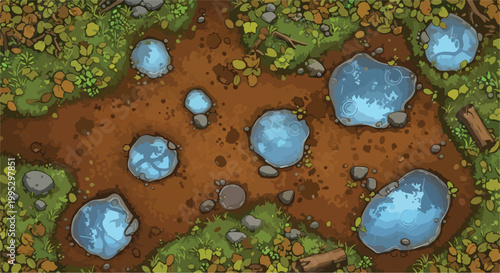 Fantasy forest battle map vector, top down view of muddy ground with blue water puddles, swampy woodland terrain for tabletop rpg gaming