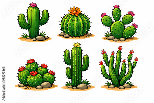 Cartoon wild west cactus set. Vector spiky cacti with flowers, exotic mexican plant, green landscape element isolated on white background
