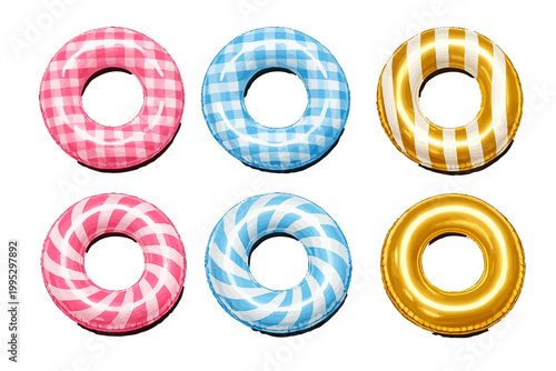 Set of inflatable rings on transparent background. Swimming pool rings with checkered and striped patterns. Pink, blue and golden float circles