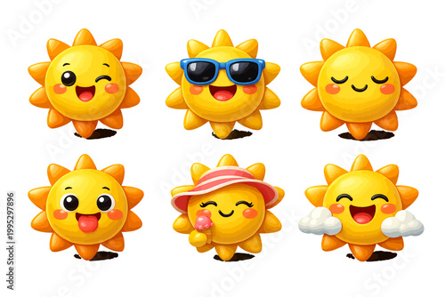 3d cartoon cute sun characters designs for kids on a transparent background. Set of funny suns with happy faces