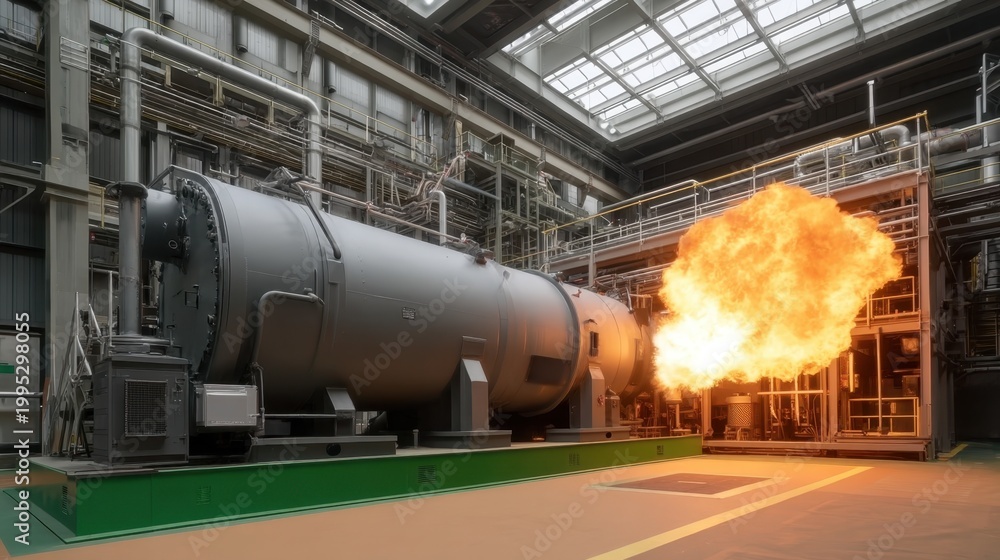 Naklejka premium Inside an Industrial Building with Large Equipment and Flames Erupting from Machinery in a Modern Setting