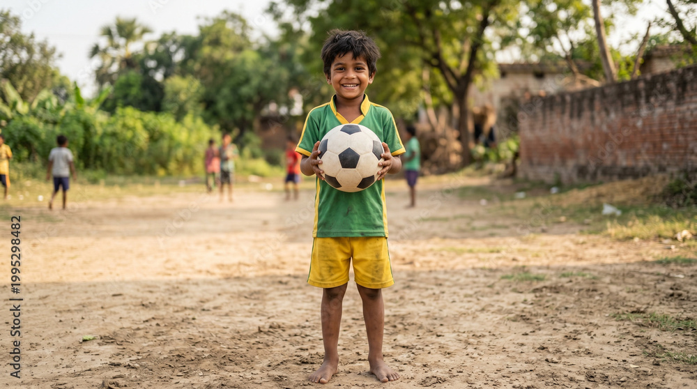 Obraz premium Smiling child wearing green and yellow holding soccer ball scene .joy innocence sports passion and national pride in playful moment concept.