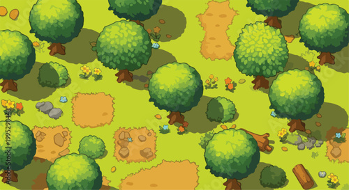Pixel art forest game background, 2D top-down meadow landscape with green trees and bushes, vibrant RPG nature environment vector