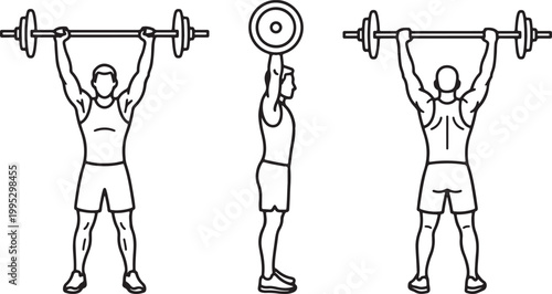 barbell overhead press exercise front, side and back view weightlifting workout line art icon vector illustration