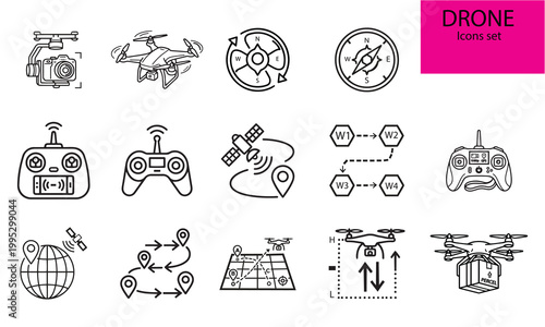 Drone technology quadcopter delivery navigation outline vector icon set.