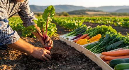 Farmer planting young beet root vegetable in fertile soil surrounded by fresh produce at sunrise. jpg