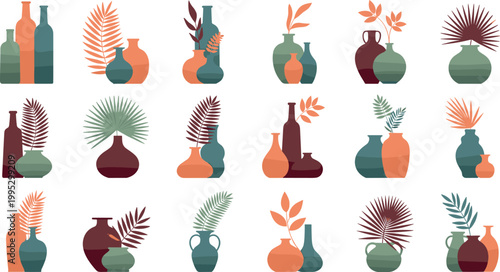 Modern abstract vases with leaves set in trendy flat style boho home decor vector illustration collection with earthy colors