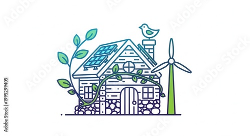Eco-friendly house with solar panels and wind turbine, sustainable energy concept