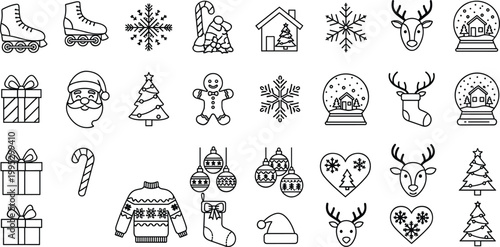 Christmas winter icons set with decorations santa snowflakes minimal outline vector collection festive holiday design elements