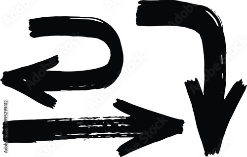 Hand drawn brush stroke arrows pointing left right and down for direction indication in design and navigation