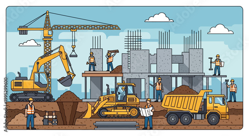 Schilderij op canvas Construction site with crane and truck vector illustration featuring industrial