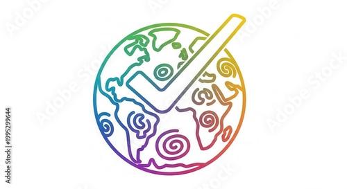 Global Checkmark Icon: Earth with Rainbow Colors and Tick Symbol for Approval