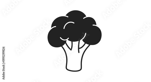 Simple Black Broccoli Illustration Isolated White.