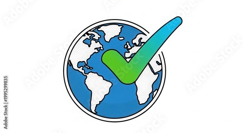 Green Check Mark Over World Globe - Global Success and Approval Concept