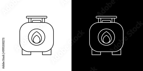 Outline icon illustration of a gas cylinder with a flame symbol on a black and white background