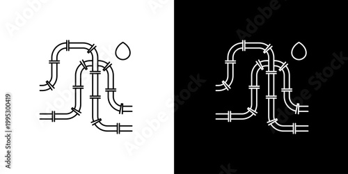 Single icon of industrial pipeline system with oil droplet symbol for energy or petroleum industry services