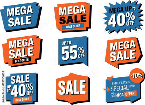 Set of colorful mega sale badges and promotional discount stickers for retail marketing and shopping events