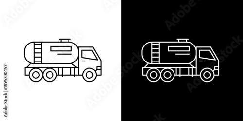 A simple white graphic illustration of a fuel tanker truck icon on a black and white background