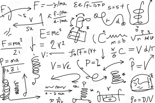 Handwritten physics equations and mathematical formulas sketched on a plane surface for academic research and study
