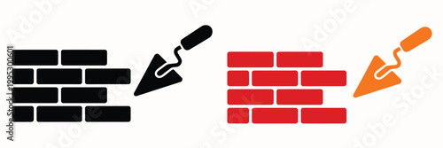Brick wall and trowel icon simple flat style illustration logo symbol for UI UX mobile app editable vector