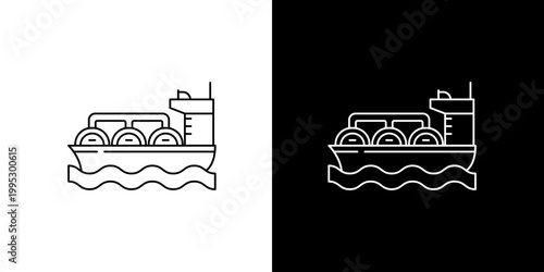 Outline icon of a cargo ship carrying large cylinders sailing on wavy water