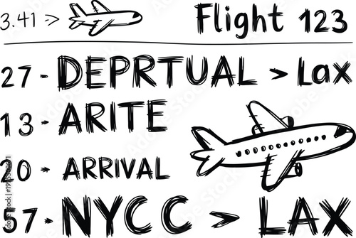 Hand drawn travel schedule showing airline flight departure and arrival information for a commercial jet plane