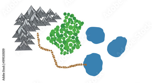 Minimalist landscape map elements vector, stylized mountain peaks with green forest and blue lakes, simple topographic icons for game design