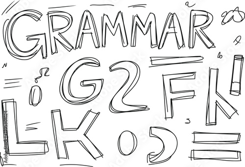 Hand drawn sketch featuring the word grammar alongside various letters numbers and doodle style punctuation marks