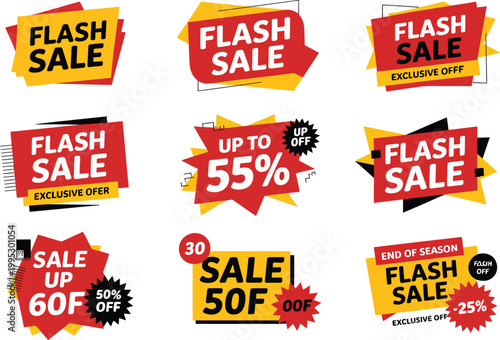 Collection of colorful flash sale promotion labels and discount badges for retail marketing and business events