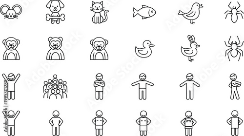 Cute animals and human characters icons set cartoon pets people gestures line vector collection symbols
