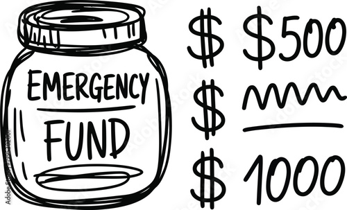 Hand drawn emergency fund glass jar illustration featuring currency symbols and financial savings milestone labels