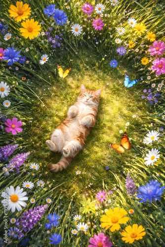 A dreamy top-down perspective from above, looking down at the ground, surrounded by wildflowers and tall grass forming a circular composition. 