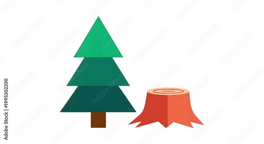 Obraz premium Simple vector illustration of a pine tree and tree stump