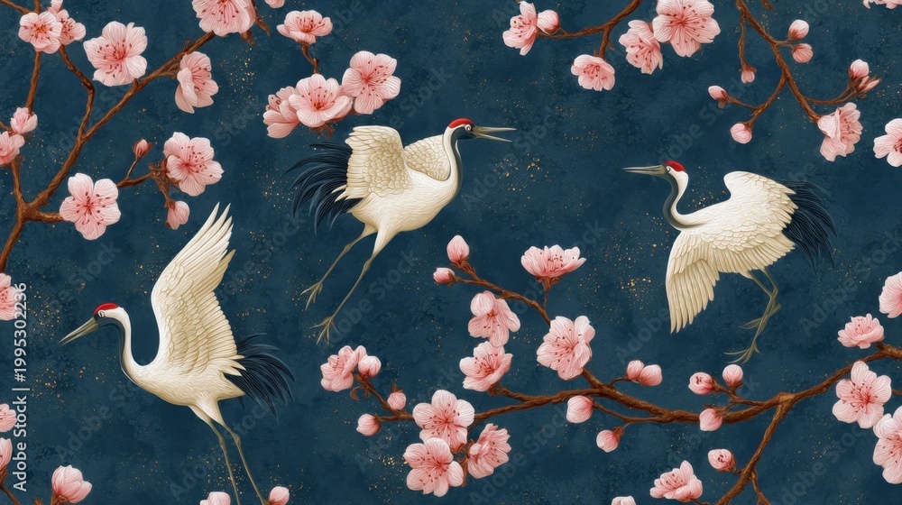 Fototapeta premium Elegant Cranes Amidst Cherry Blossoms in a Stylized Illustration with Rich Colors and Floral Elements for Artistic Background Use