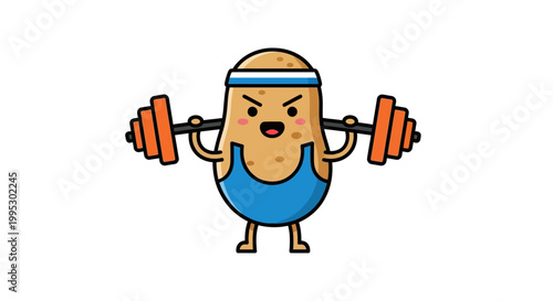 Cute potato mascot character exercising with barbell on shoulders for fitness and healthy energy concept.