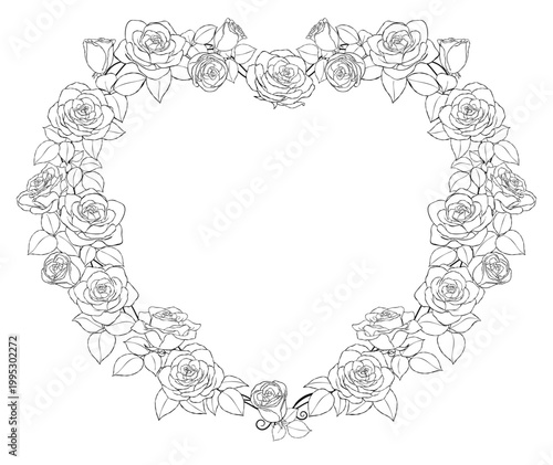 手描きのバラの花の線画ハート型のフレームイラスト