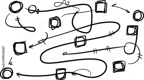 Hand drawn sketch showing complex connection lines between circles and squares on a plain surface