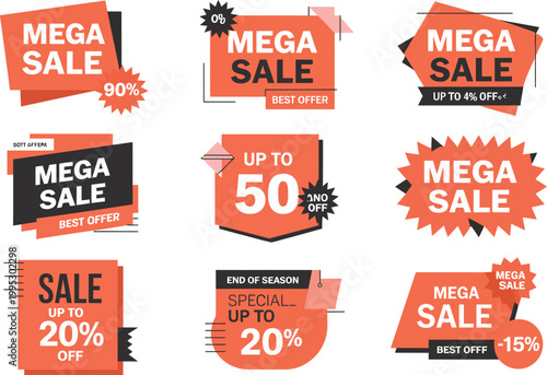 Set of nine vibrant red and black retail promotion labels for seasonal discount marketing campaigns