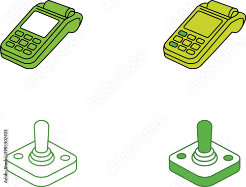 Green electronic payment terminals and vintage gaming joysticks displayed as modern isometric line vector icons