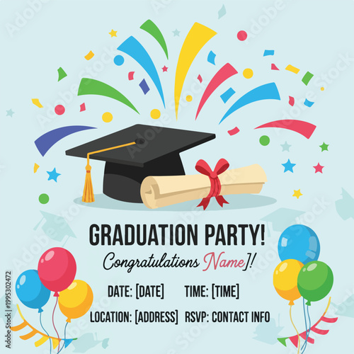 A graduation party invitation with a light blue background and celebratory elements