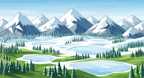 Snowy mountain landscape vector, winter wilderness with frozen lakes and pine forest, scenic alpine peaks under blue sky, nature background illustration