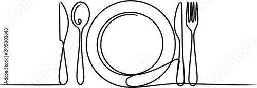 Single continuous line drawing of a dining set featuring a plate fork spoon and knives
