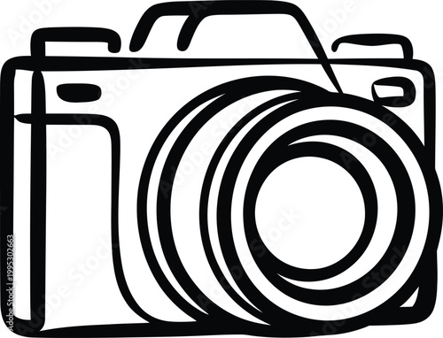 Hand drawn sketch of a classic digital camera lens featuring bold outlines for photography enthusiasts